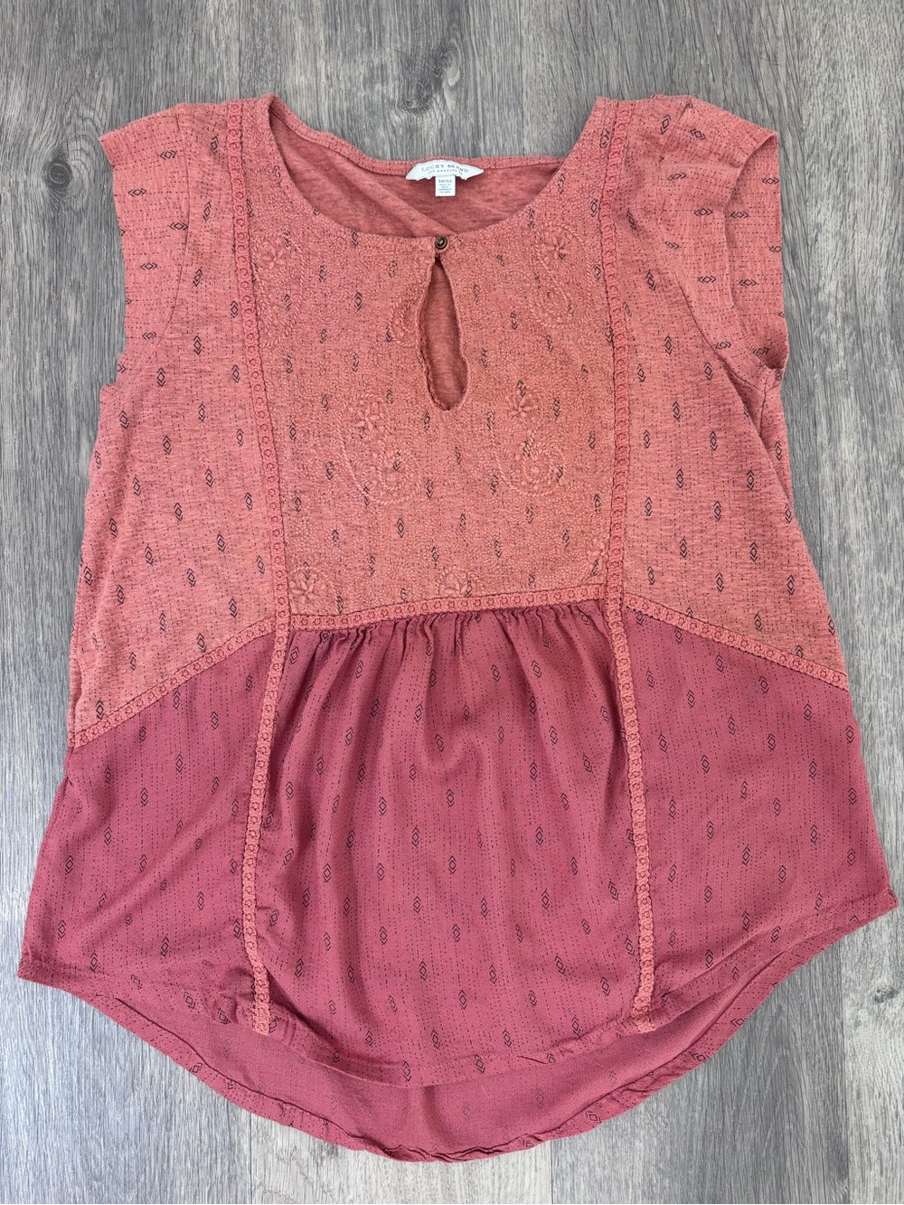 Lucky Brand Embroidered Two-Tone Keyhole Blouse